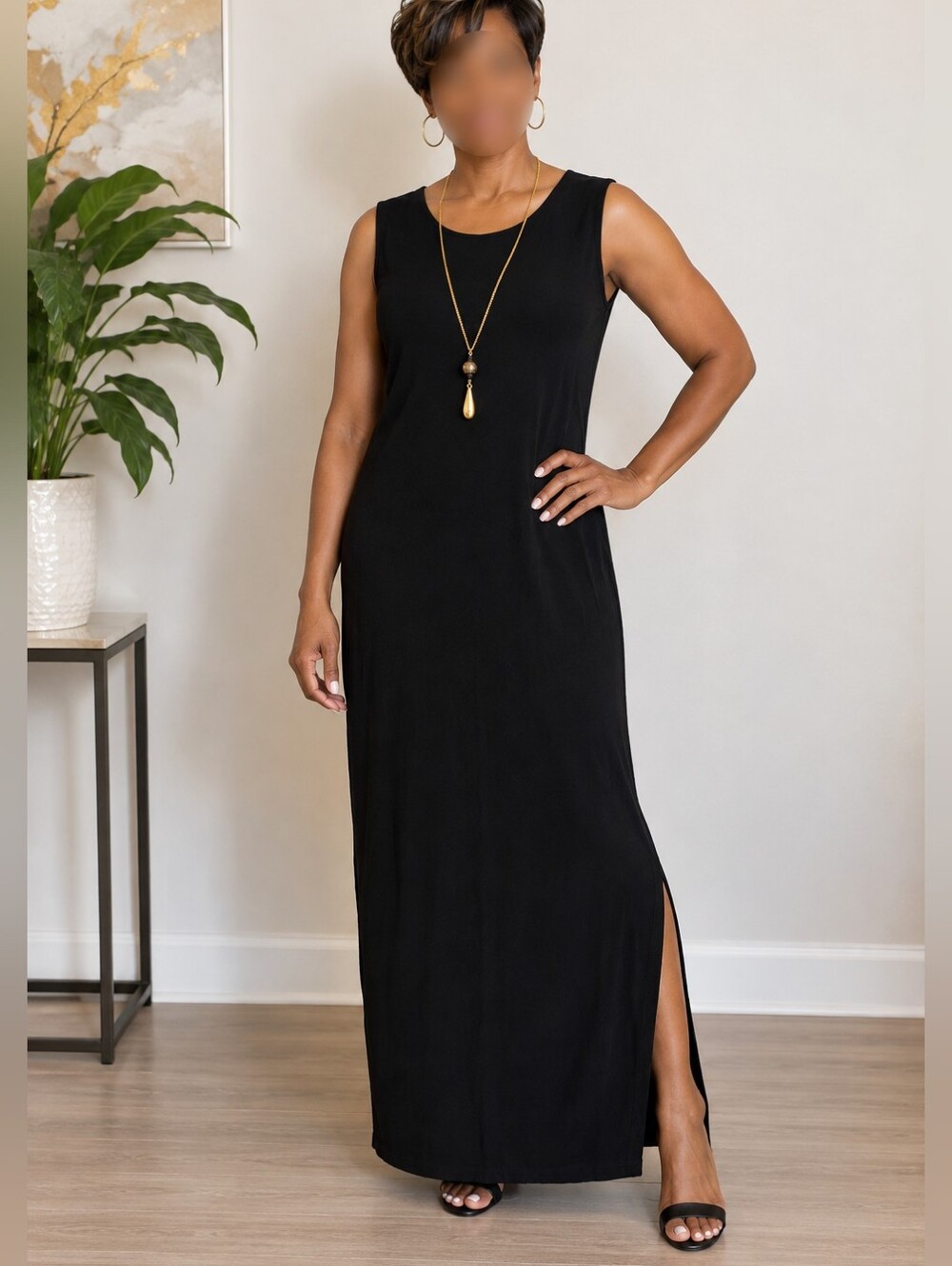 R&M Richards by Karen Kwong Black Maxi Dress Size 10 Gold Necklace Accent